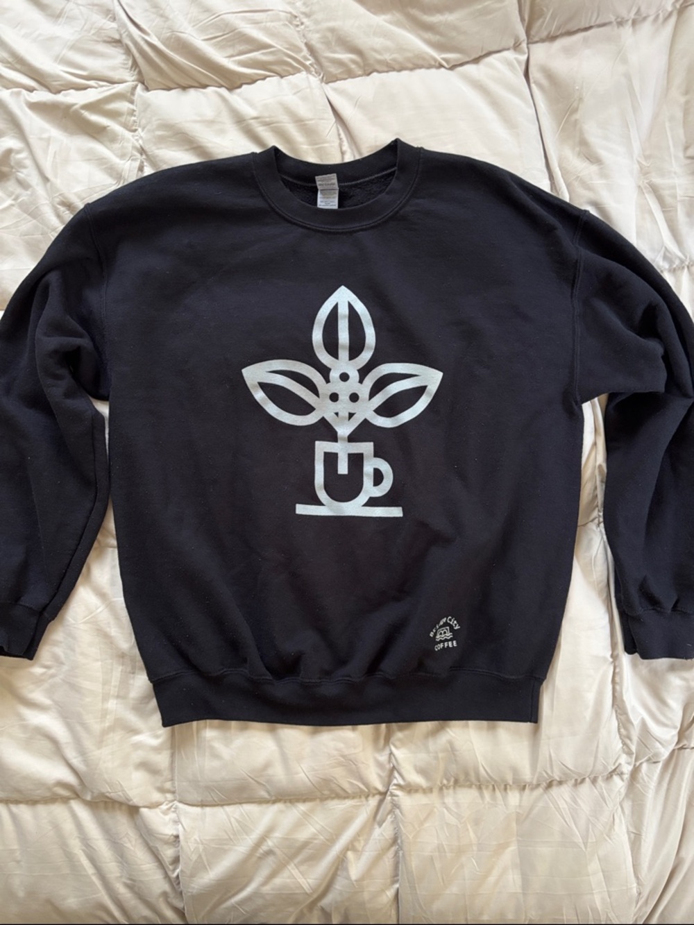 Gildan Black Crewneck Sweatshirt with White Botanical Coffee Mug Graphic